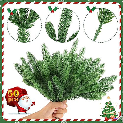 50 Pcs Artificial Pine Branches Christmas Greenery Plants Pine Needles DIY Cedar Picks and Sprays Accessories for Christmas Garland Wreath Craft and Home Decor (50 Count)