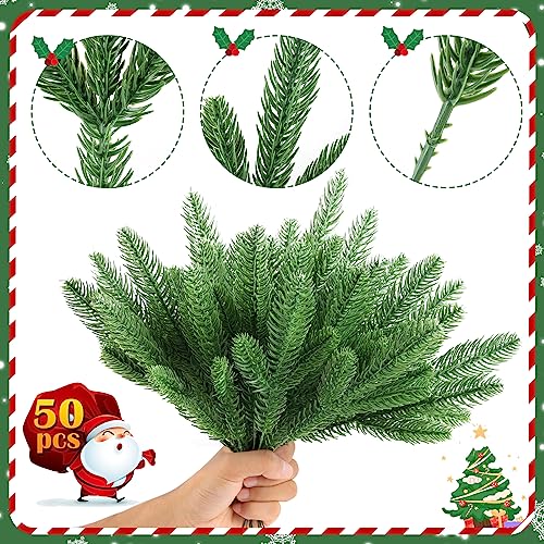 50 Pcs Artificial Pine Branches Christmas Greenery Plants Pine Needles DIY Cedar Picks and Sprays Accessories for Christmas Garland Wreath Craft and Home Decor (50 Count)