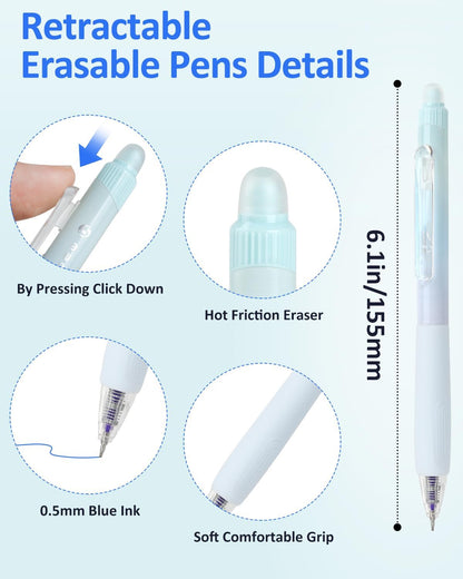 Solati Erasable Pens, 6 Pack Fine Point 0.5mm Black Erasable Gel Pens with 360°Rotating Erasers, Make Mistakes Disappear, Comfort Grip for Drawing, Writing, Planning, and Crossword Puzzles (Blue Ink)