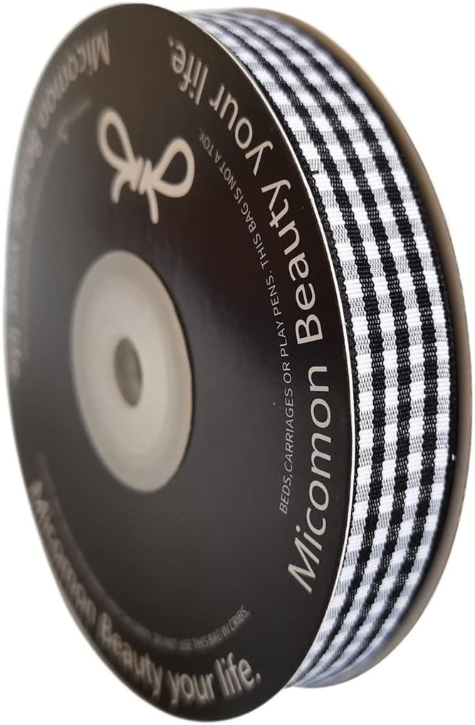 Black and White Wovon Edge Gingham Ribbon 25 Yard Each Roll 100% Polyester (5/8", Black) - Crafty Corner