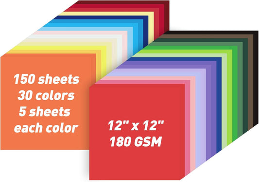 MAXECHO 12" X 12" Colored Cardstock Bulk 150 Sheets 30 Assorted Colors Construction Paper Card Stock Printer Paper for DIY Crafts, Kids School Supplies, Cricut, 180 GSM - Crafty Corner