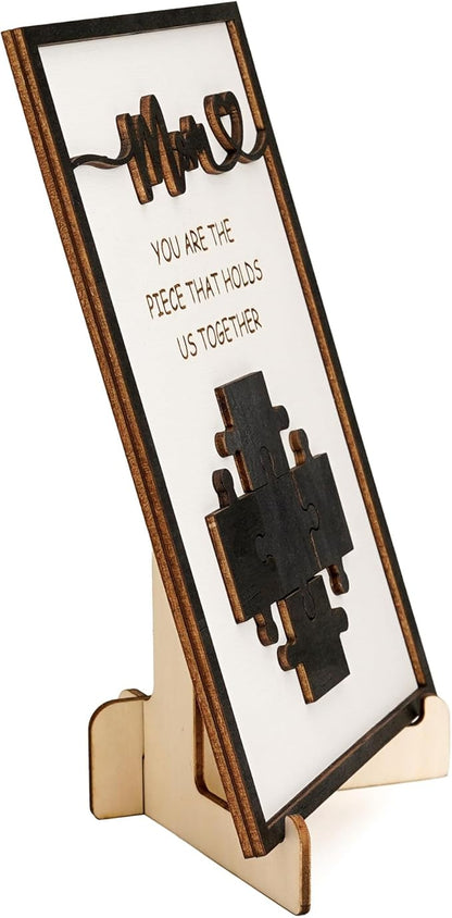 Mom You are The Piece that Holds Us Together Wooden Decor Sign, Personalized for Mom, Custom Family Name Puzzle Plaque, Mothers Day Sign Gift, Unique Home Keepsake