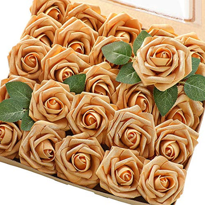 Artificial Flowers 50pcs Real Looking Gold Foam Fake Roses with Stems for DIY Wedding Bouquets Bridal Shower Centerpieces Floral Arrangements Party Tables Home Decorations (50 Count)