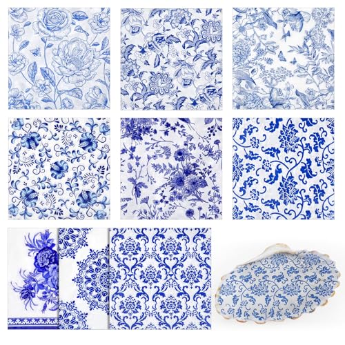 36 Pack 9 Styles Decoupage Napkins Blue and White Floral Napkins (36 Count)
