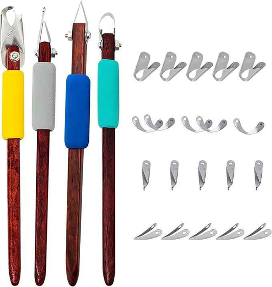 4-Pack Pottery Carving Tool Set with 20 Interchangeable Blades – Adjustable Angle Ceramic Trimming Tools for Clay Sculpting, Sgraffito, Fluting & Detail Work
