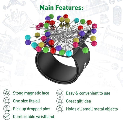 Sew Your Way Magnetic Pin Cushion Wristband Black 9" – Strong Pin Holder for Sewing & Quilting | Gift for Sewers Gift for Quilters | Top Sewing Notion & Quilting Accessory | Wrist Pin Cushion