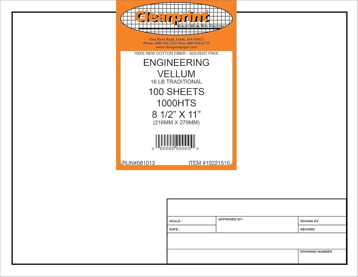 Clearprint 8-1/2" x 11" 1000H Design Vellum Sheets with Engineer Title Block, 16 lb., 100% Cotton, 100 Sheets Per Pack, 1 Each