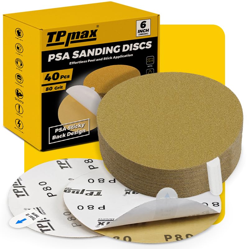 6-Inch 80-Grit Gold PSA Sanding Discs, 40 Pack – Pro-Grade Self-Adhesive Stickyback Sandpaper with Quick-Release Tabs for DA Sander, Medium-Coarse Automotive/Wood/Metal Sanding (40 Count)