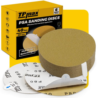 6-Inch 80-Grit Gold PSA Sanding Discs, 40 Pack – Pro-Grade Self-Adhesive Stickyback Sandpaper with Quick-Release Tabs for DA Sander, Medium-Coarse Automotive/Wood/Metal Sanding (40 Count)