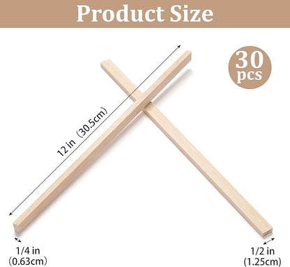 Wood Strips Slats Wooden Sticks for Crafts 1/4" × 1/2" × 12", 30 PCS Thin Wood Trim Planks Lumber Flat Boards Pieces Square Wooden Dowel Rods for Crafting, Woodworking, Model Making