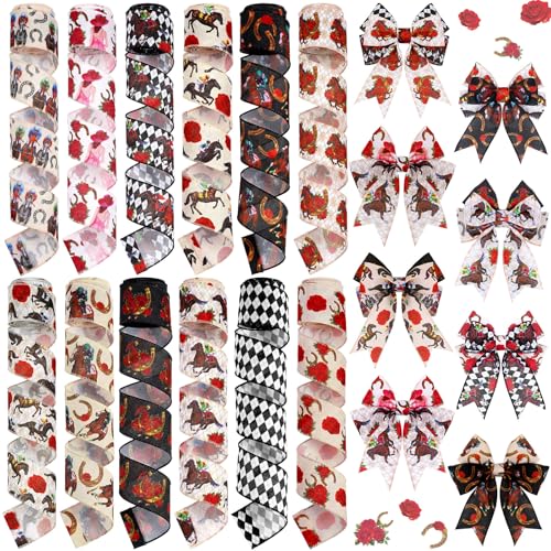 12 Rolls Horse Racing Wired Edge Ribbon for Wreaths Derby Day Decorations 2 Inch x 30 Yards Rose Horse Horseshoe Print Ribbon Run for the Roses Crafts for Party Decorative Supplies 12 Styles (12 Count)