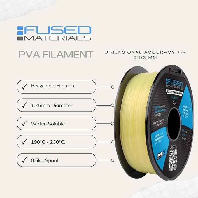 Fused Materials PVA Filament 1.75mm – Water-Soluble Support Material for 3D Printing – Compatible with Bambu Lab, Polymaker, Overture, and More – Works with PLA, PETG, Nylon, ABS – Clear & Transparent