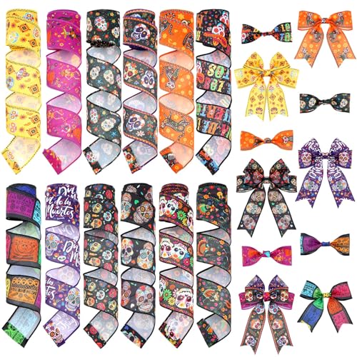 12 Rolls 60 Yard Day of the Dead Wired Ribbon for Wreath Craft Bow (12 Count)
