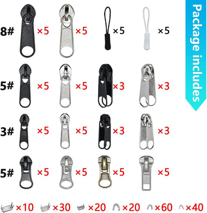 252Pcs Zipper Repair Kit, Zipper Replacement Zipper Pulls, Zipper Fix Replacement Zipper Slider Set with Installation Pliers for Jacket Backpack Luggage Sleeping Bag #3#5#8 Silver and Black