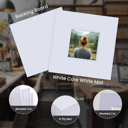 Falling in Art 5 Pack Acid Free 8x8'' White Picture Mats Board Show Kit for 4x4'' Photos, 4-Ply Beveled Pre-Cut Photo Mats with Backing Board for Frames, Artwork and Prints