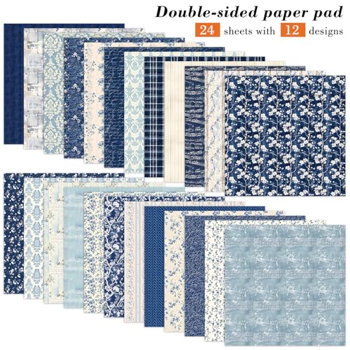 6 Inch Blue Floral Aesthetic Scrapbooking Paper Pad (24 Count)