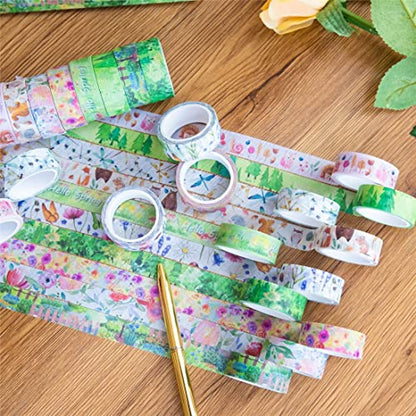 10 Rolls Four Seasons Washi Tape Set Green Grass Flowers Masking Decorative Tapes (10 Count)