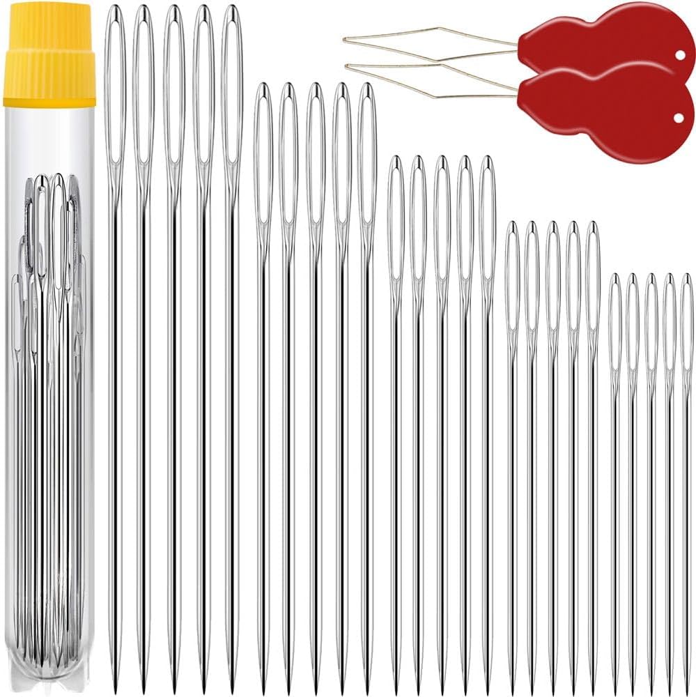75 Pack Premium Large Eye Needles for Hand Sewing with 4 Needle Threaders, Assorted Sizes, Embroidery Needles for Hand Sewing, Sewing Needles Large Eye, Big Eye Needle