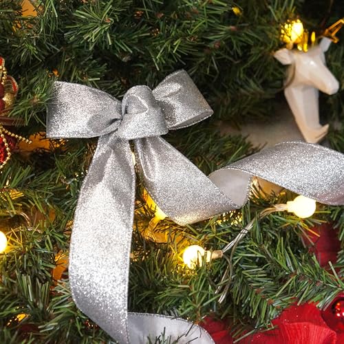 Glitter Wired Ribbon 1.5" x 10 Yards Silver for Christmas Home Decor Bow Gift Wrapping DIY Crafts Wreath (30 Foot)