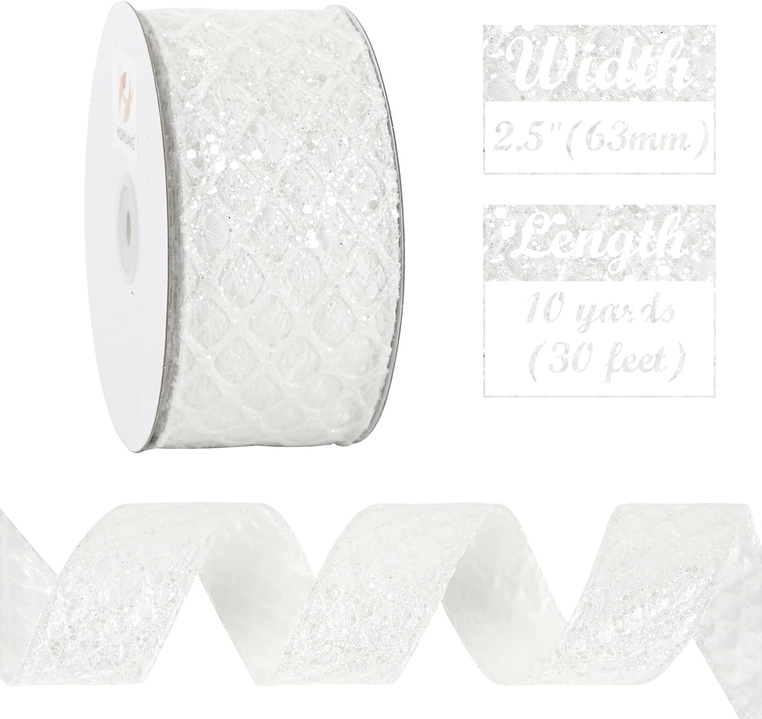 HUIHUANG White Glitter Wired Ribbon for Christmas Tree 2.5 inch White Diamond Mesh Wire Ribbon for Tree Decoration, Wreaths, Garland, Gift Wrapping, Large Bows Making, Home Decor -10 Yards - Crafty Corner