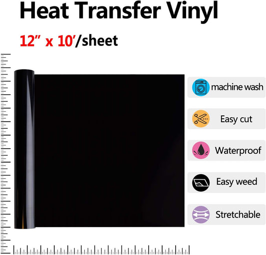 RENLITONG Black HTV Iron on Vinyl 12Inch by 10ft Roll Heat Transfer Vinyl for T-Shirt HTV Rolls for All Cutter Machine - Easy to Cut & Weed for Heat Transfer Design