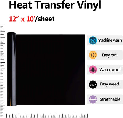 RENLITONG Black HTV Iron on Vinyl 12Inch by 10ft Roll Heat Transfer Vinyl for T-Shirt HTV Rolls for All Cutter Machine - Easy to Cut & Weed for Heat Transfer Design
