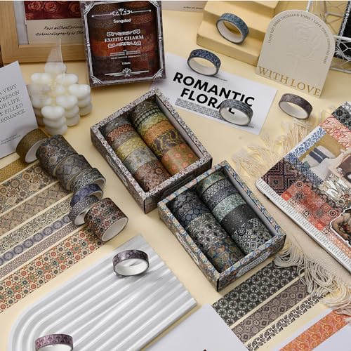 12 Rolls Exotic Charm Washi Tape Set Floral Arts Adhesive Tapes Geometric Garden Decorative Masking Tape Sets for Craft (12 Count)