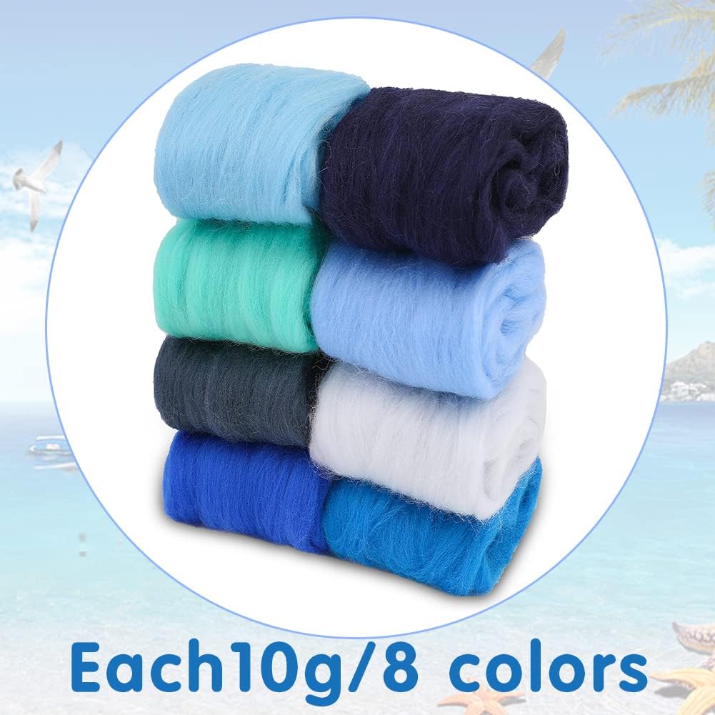 Wonvoc Needle Felting Wool 80 g, 8 Colors Nature Wool Roving, Felting Wool Bulk, Wool Roving for Needle Felting, for DIY Craft Materials and Felting Wool Craftsmen, 10g/Color, Blue