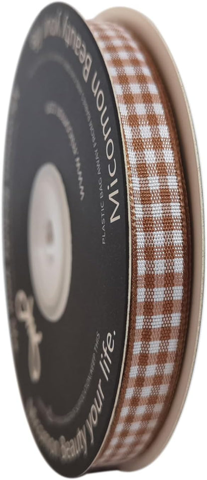 Micomon Khaki and White Woven Edge Plaid Ribbon 100% Polyester Gingham Ribbon 25 Yards Each Roll (3/8"Khaki) - Crafty Corner