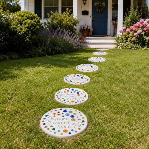 14 Pcs Round Stepping Stone Mold Kit with Mosaic Tiles and Tools for DIY