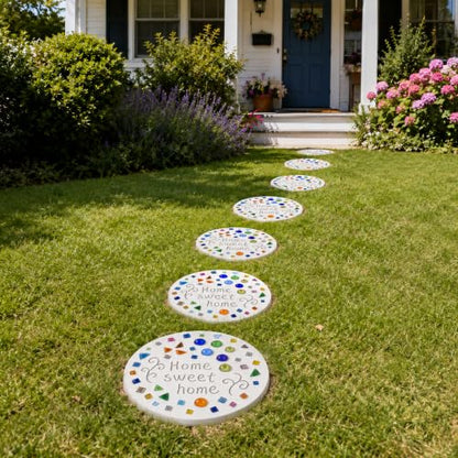 14 Pcs Round Stepping Stone Mold Kit with Mosaic Tiles and Tools for DIY