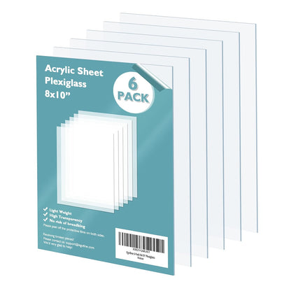 Egofine Plexiglass Sheets Acrylic Sheets 6 Pack of 8x10’’ 0.04 Thick Clear Plastic Cast Transparent Plexi Glass for Crafting Projects, Replacement Picture Frame Glass, DIY Display, Easy to Cut
