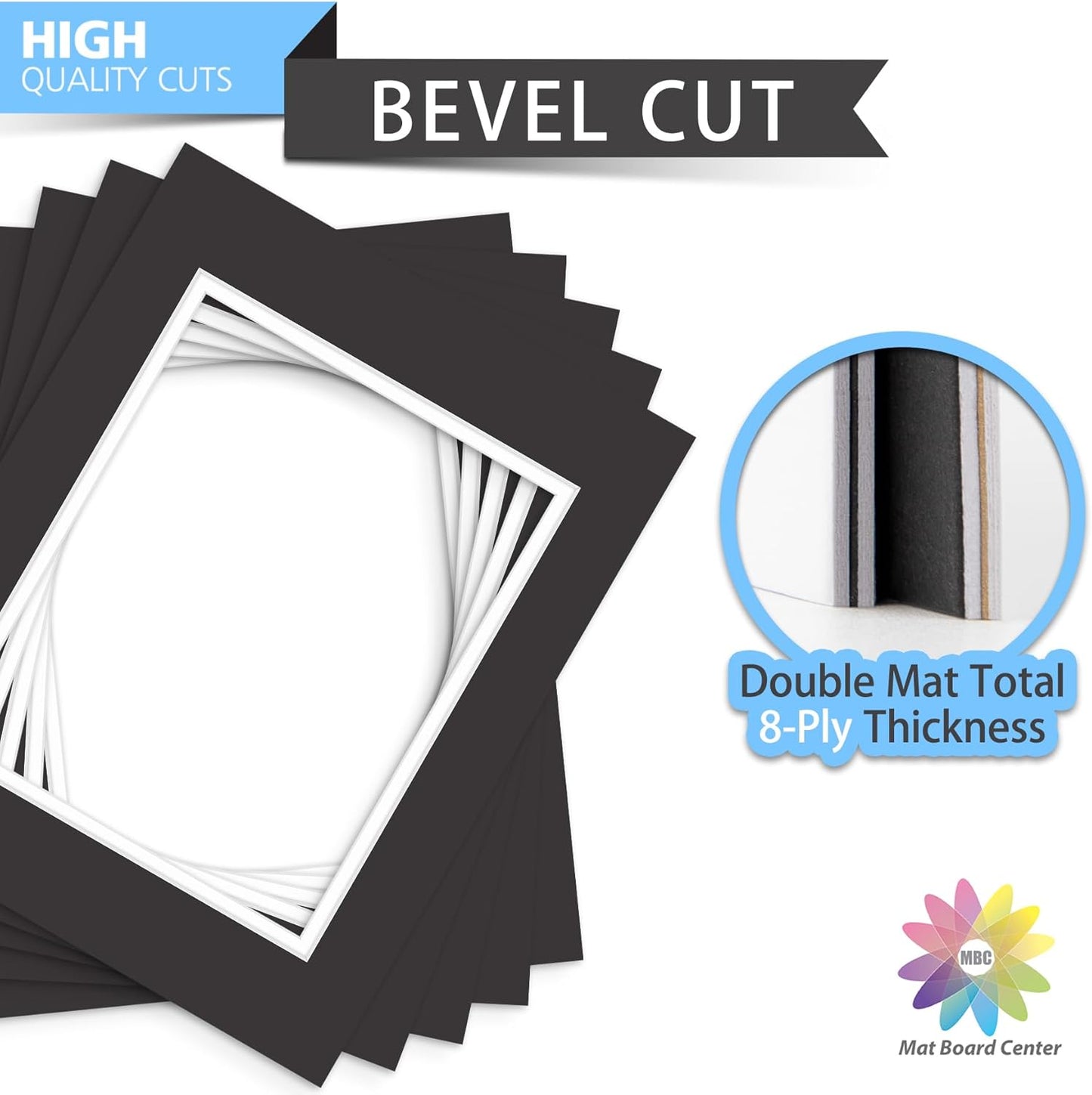 Mat Board Center, Double Mat - Acid Free, 8-ply Thickness, White Core - for Pictures, Photos, Framing (Black Over White, 11x14 for 8x10, Pack of 5)