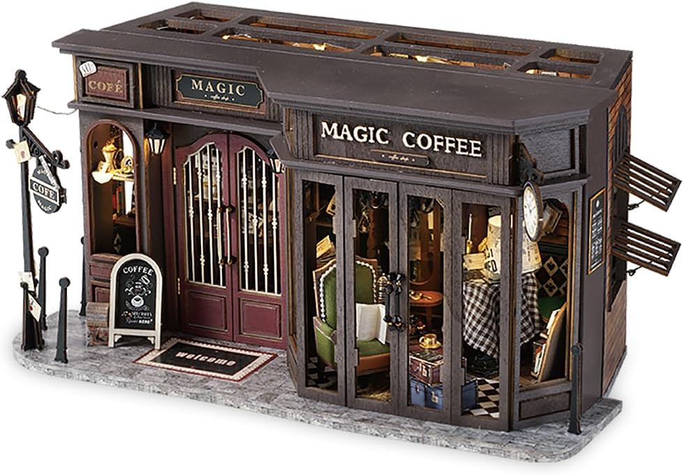TuKIIE DIY Miniature Dollhouse Kit with Furniture, 1:24 Scale Creative Room Opened & Closed Wooden Doll House Plus Dust Proof for Kids Teens Adults(Vintage Coffee Shop)