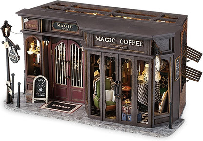 TuKIIE DIY Miniature Dollhouse Kit with Furniture, 1:24 Scale Creative Room Opened & Closed Wooden Doll House Plus Dust Proof for Kids Teens Adults(Vintage Coffee Shop)