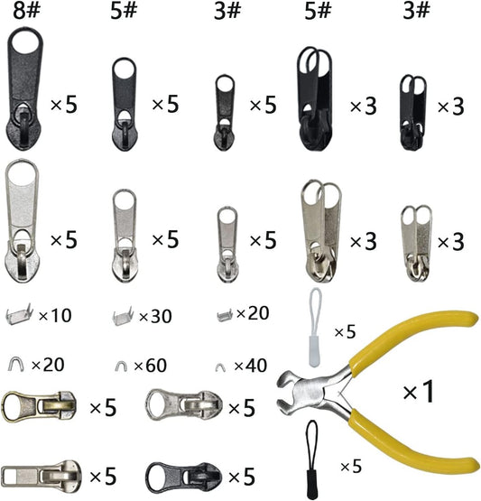 253Pcs Zipper Repair Kit Replacement with Installation Pliers Tool and Zipper Extension Pulls for Sleeping Bags Jacket Tent Luggage Backpacks Boots