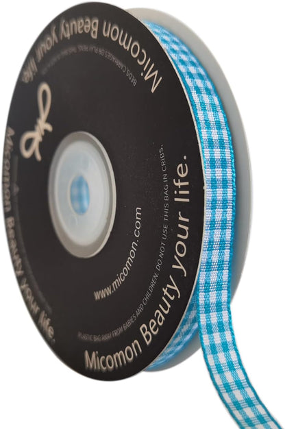 Micomon Vivid Blue and White Woven Edge Plaid Ribbon 100% Polyester Gingham Ribbon 25 Yards Each Roll (3/8",Vivid Blue) - Crafty Corner