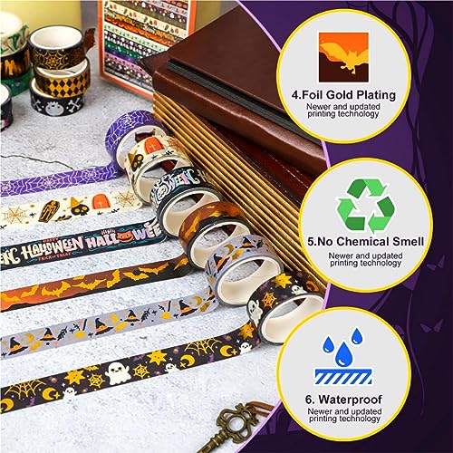 16 Rolls Halloween Washi Tape Holiday Masking Tape Stickers Glod Foil Decorative Tape for Scrapbook Journal DIY Craft Gift Wrapping（Halloween (157 Foot)