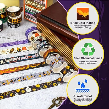 16 Rolls Halloween Washi Tape Holiday Masking Tape Stickers Glod Foil Decorative Tape for Scrapbook Journal DIY Craft Gift Wrapping（Halloween (157 Foot)