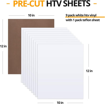 HTVRONT White Heat Transfer Vinyl Bundle - 10 Pack 12" x 10" HTV Vinyl for T-Shirt, White Iron on Vinyl for for All Cutting Machine or Heat Press Machine