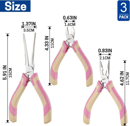 3 PCS Mini Pliers Set, Pink Jewelry Pliers Kit with Needle Nose, Diagonal and Long Nose, Small Plier Tool for Jewelry Making, DIY Crafts, Beading and Electronic Repair