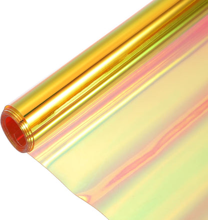 MECCANIXITY Holographic Clear PVC Vinyl Film Holographic PVC Fabric Waterproof Dichroic Film 12 x 48 Inch for Handbags Bows Earrings DIY Craft,Laser Dark Yellow