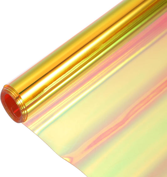 MECCANIXITY Holographic Clear PVC Vinyl Film Holographic PVC Fabric Waterproof Dichroic Film 12 x 48 Inch for Handbags Bows Earrings DIY Craft,Laser Dark Yellow