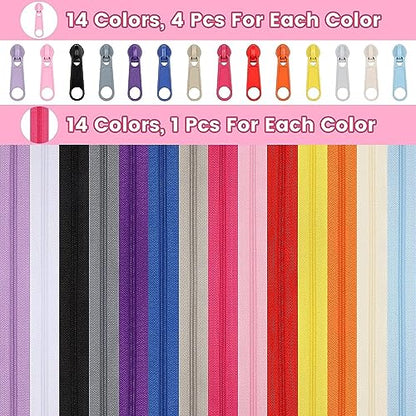 42 Yards 14 Pieces Coil Zippers Assorted Nylon Zipper with 56 Sliders