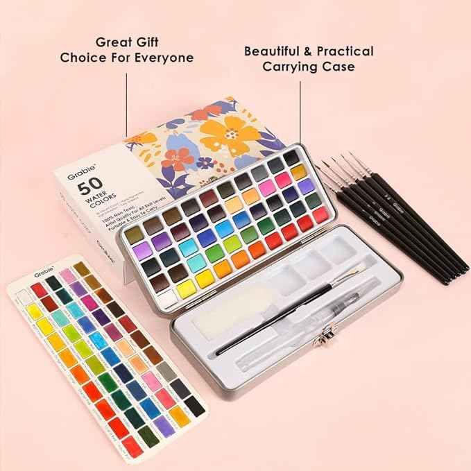 Grabie 50 Colors Watercolor Paint Set, Detail Paint Brush Included, Watercolor Paints, Painting Sets, Art Supplies for Painting, Travel Watercolor Set, Amateur Hobbyists
