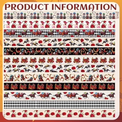 12 Rolls Horse Racing Wired Edge Ribbon for Wreaths Derby Day Decorations 2 Inch x 30 Yards Rose Horse Horseshoe Print Ribbon Run for the Roses Crafts for Party Decorative Supplies 12 Styles (12 Count)