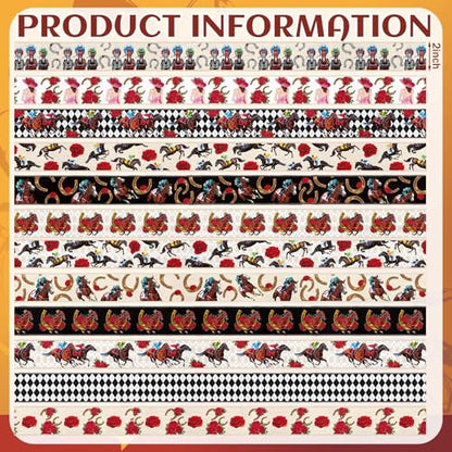 12 Rolls Horse Racing Wired Edge Ribbon for Wreaths Derby Day Decorations 2 Inch x 30 Yards Rose Horse Horseshoe Print Ribbon Run for the Roses Crafts for Party Decorative Supplies 12 Styles (12 Count)