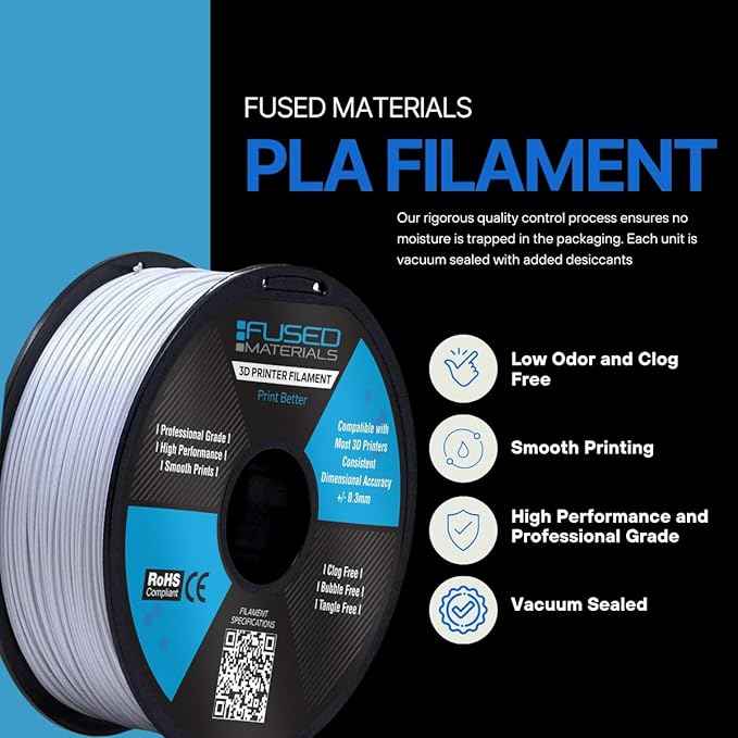 Fused Materials PLA 3D Printer Filament Fused Materials - 1kg Spool, 1.75mm, Dimensional Accuracy +/- 0.03 mm