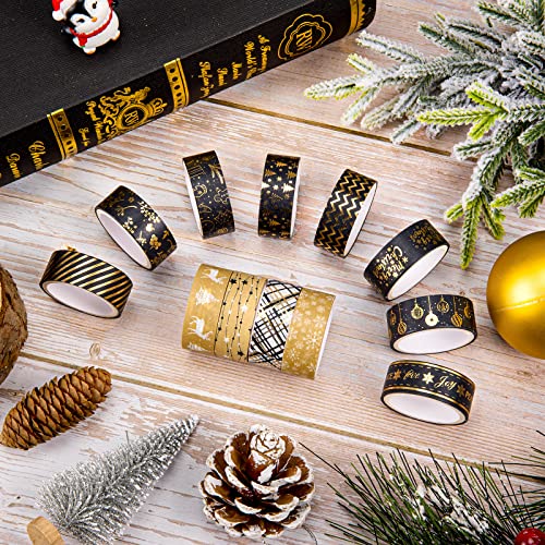 12 Rolls Christmas Washi Tape Black Gold Xmas Washi Masking Tape Foil Gold Snowflake Xmas Tree Xmas Tree Ball Plaid Pattern Decorative Tape for Scrapbook Journal DIY Craft Gift Wrapping (117.6 Foot)