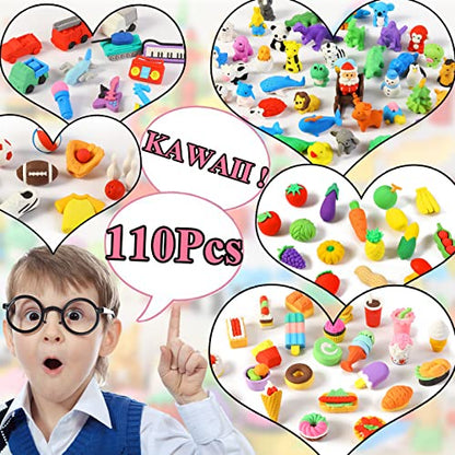 110Pcs Animal Erasers Kids Desk Pets Pencil Erasers 3D Puzzle Eraser Bulk Mini Animal Food Toys Fun Cute Eraser for Classroom Rewards (110 Count)